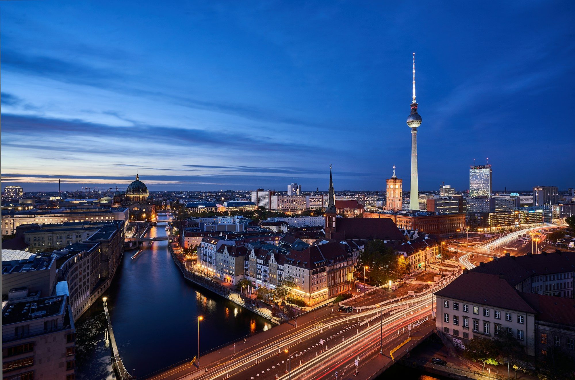 Berlin skyline at blue hour with the TV tower and the River Spree