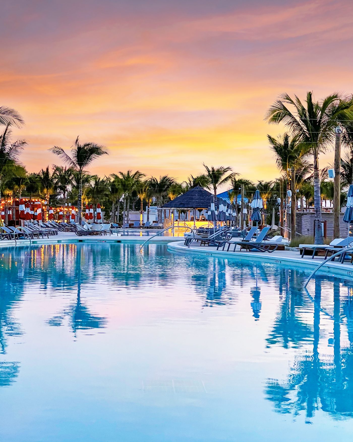 A resort pool at sunset ringed with palm trees